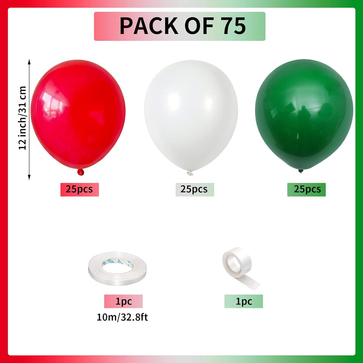75pcs Red Green White Balloons 12inch Christmas Party Balloons with Ribbon Matte Red Dark Green White Latex Helium Balloons for Christmas New Year Birthday Baby Shower Party Decorations Supplies