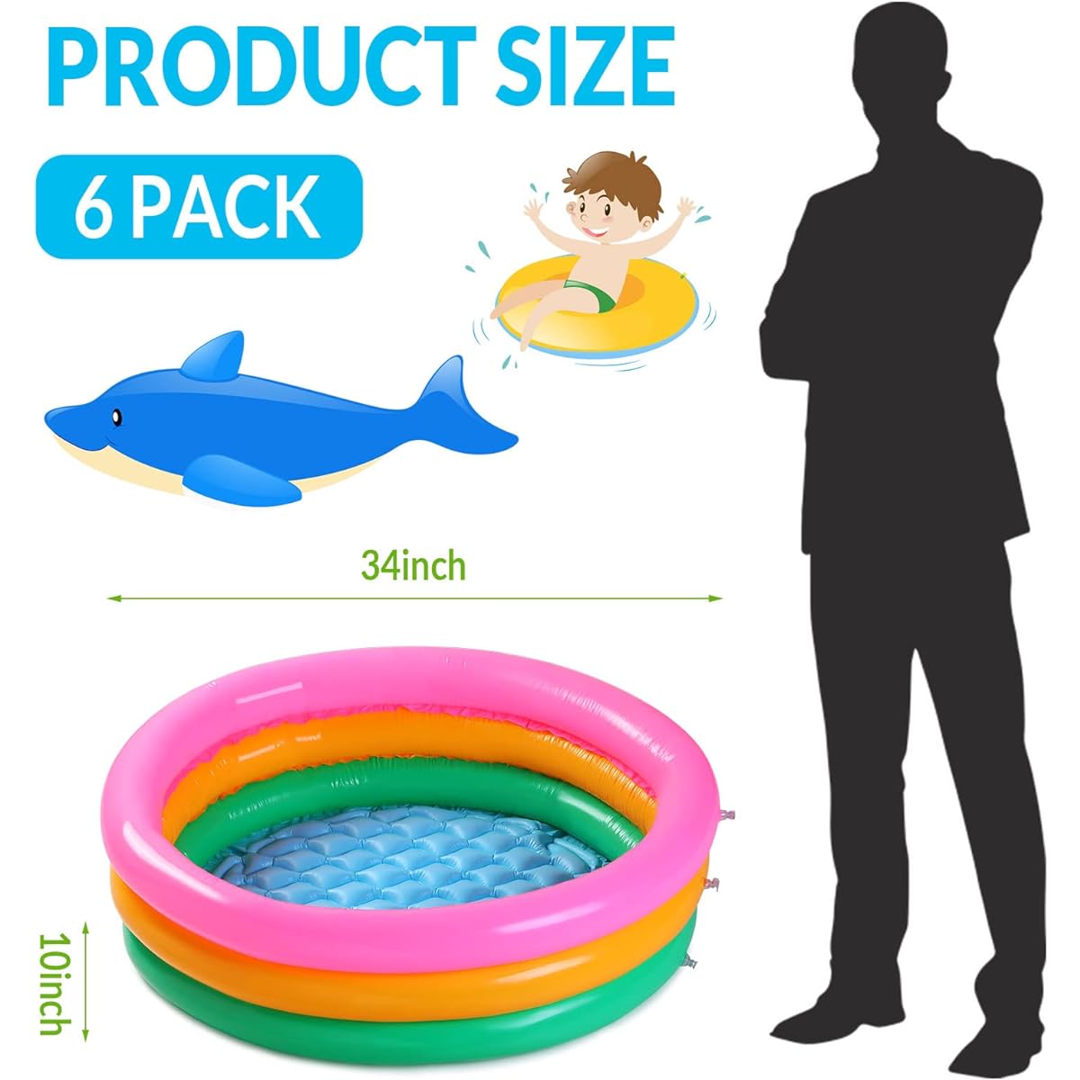 6 Pack 34 x 10 Inch Plastic Children's Pool Sunset Glow Baby Pool Inflatable Pool Soft Inflatable Baby Kids Children's Small Swimming Pool 3 Rings for Outdoor and Indoor Use
