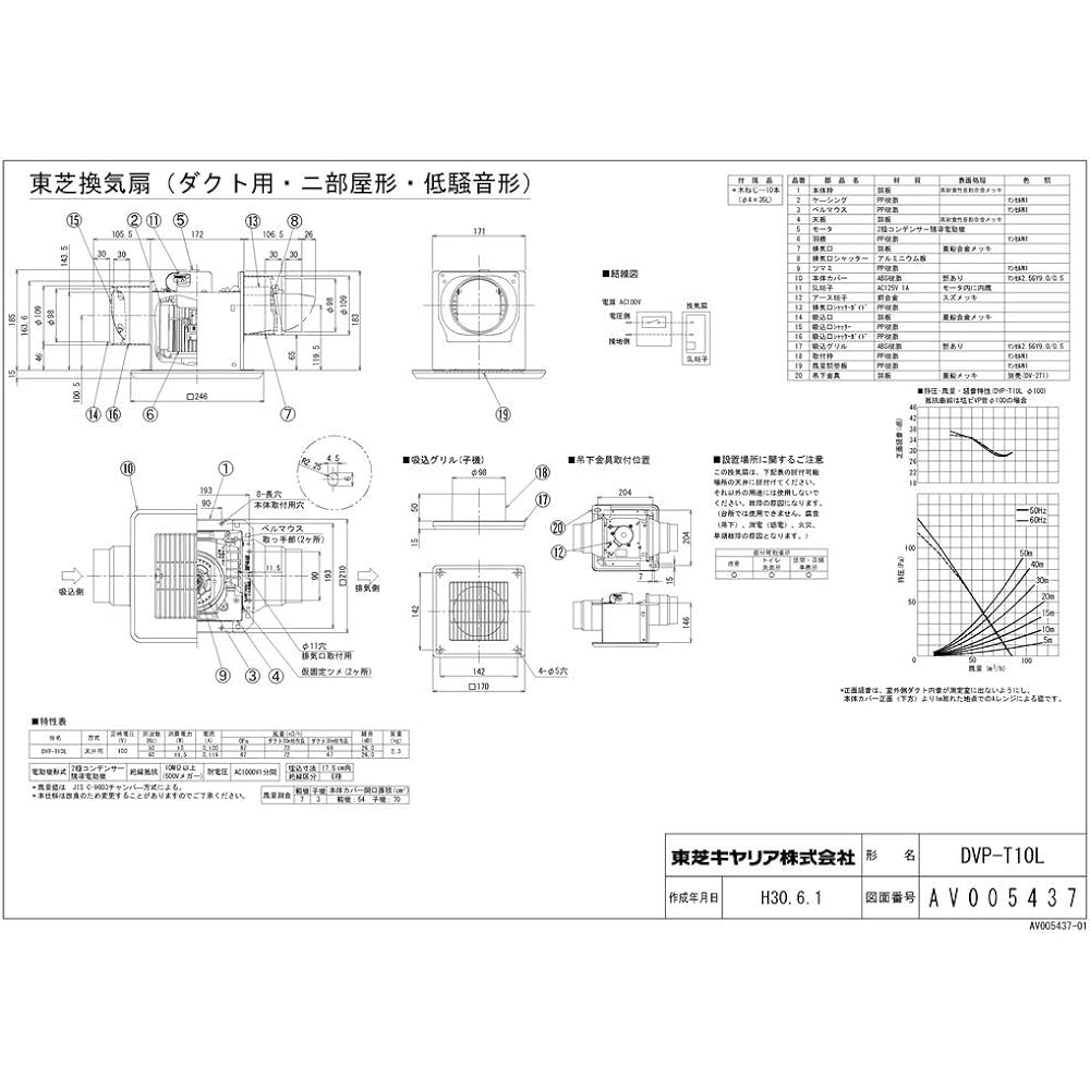 Toshiba Duct Ventilation Fan ≪Twin Aero Fan≫ Louver set type, low noise type, for 2 rooms, standard lattice type, for sanitary use, steel plate body, connection duct φ100mm, embedded size 175mm square DVP-T10L