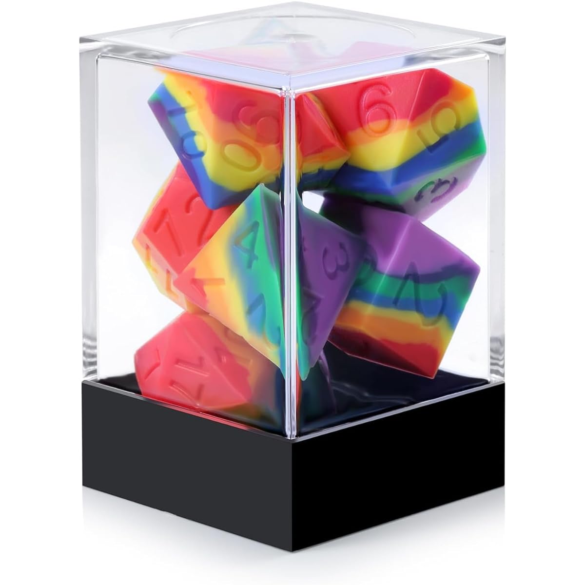 Futhark Rainbow Silicone DND Dice Set (7pc) - Bouncy, Squishy Polyhedral Dice with Display Case for Tabletop Roleplaying Games