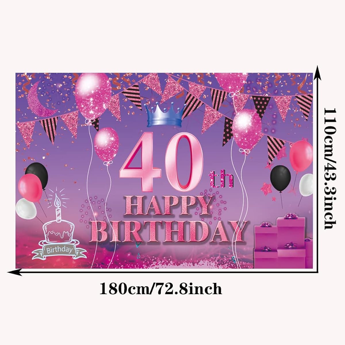 Happy 40th Birthday Backdrop Banner Pink Purple 40 Years Old Sign Poster 40th Birthday Party Supplies Anniversary Photo Booth Photography Background Birthday Party Decorations 72.8 x 43.3 Inch