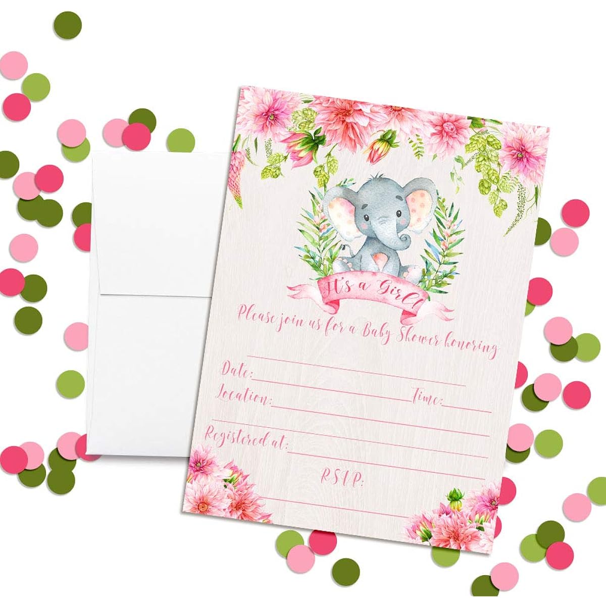 AmandaCreation Watercolor Dahlia Floral Elephant Theme Baby Girl Sprinkle Shower Invitation 5"x7" Card with 20 White Envelopes