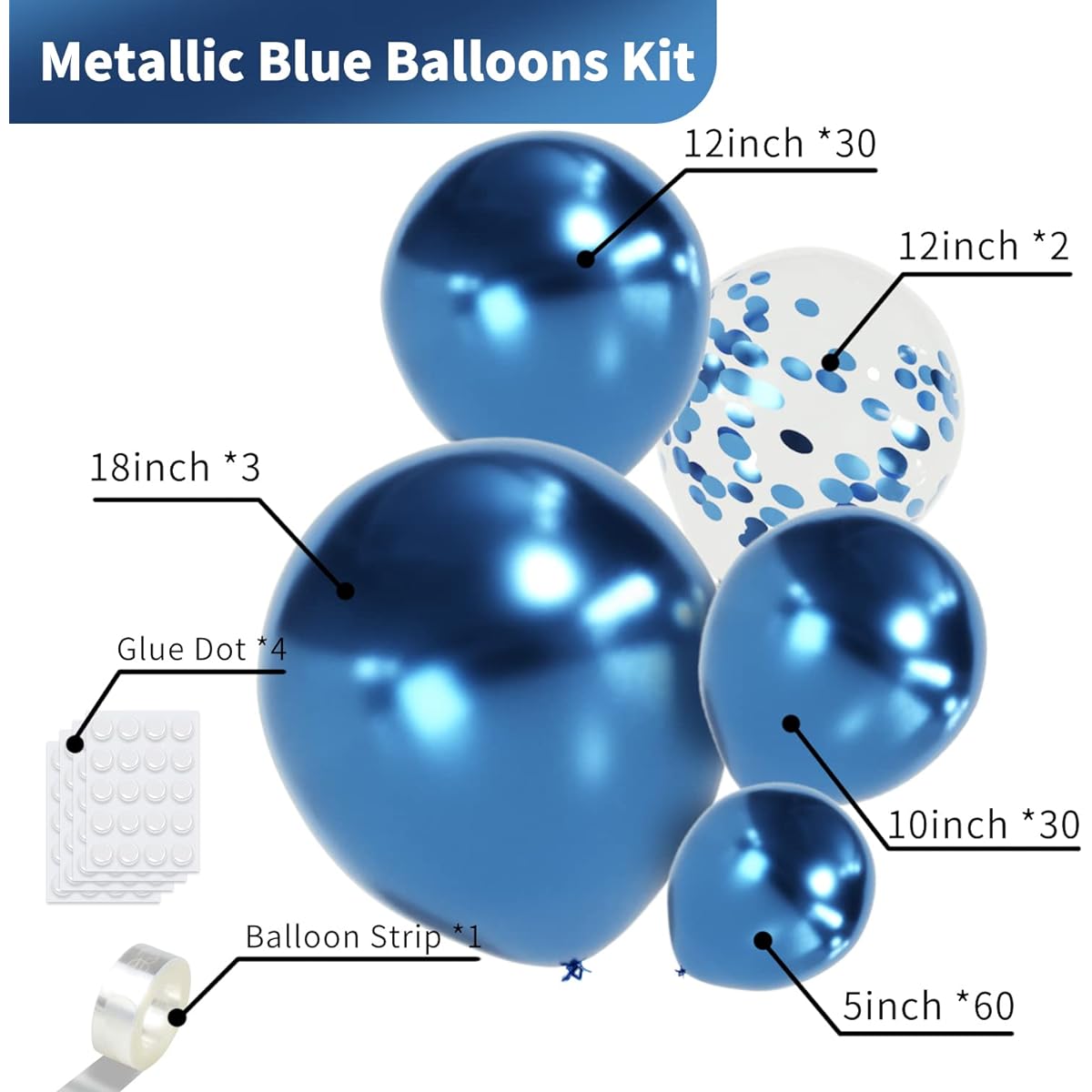 Blue Metallic Balloons Garland Kit, 130pcs Chrome Balloons Different Size 18/12/10/5inch Confetti Balloons Blue Party Balloons for Boys Baby Shower Baptism Birthday Graduation Christmas