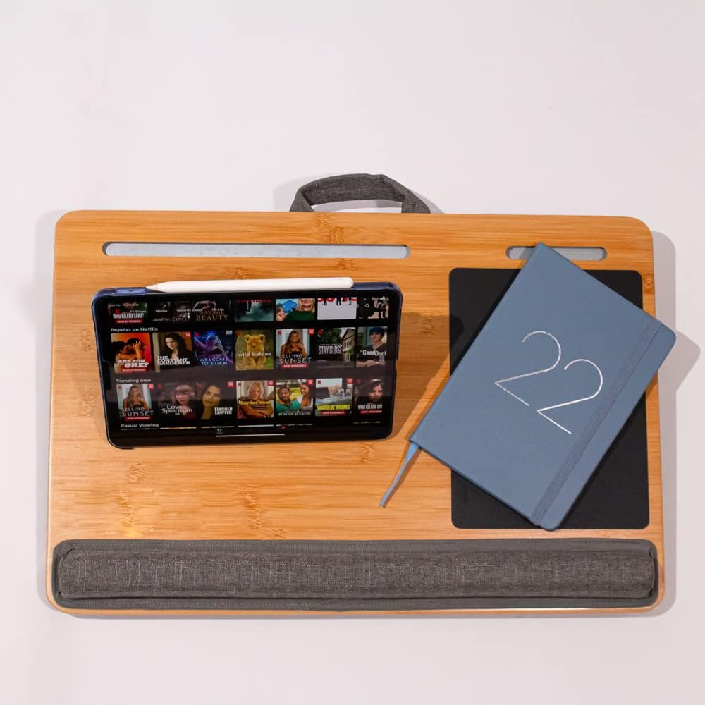 FUGEST Table Cushion, Above the Knee Table, Above the Knee Table, Laptop Desk, 55x36cm, Large, Tablet, Laptop Table, Made of Bamboo, Tablet Stand, Convenient to Carry, Over the Knee Work, PC Work, Laptop Lap Desk (Dual Card Slots)