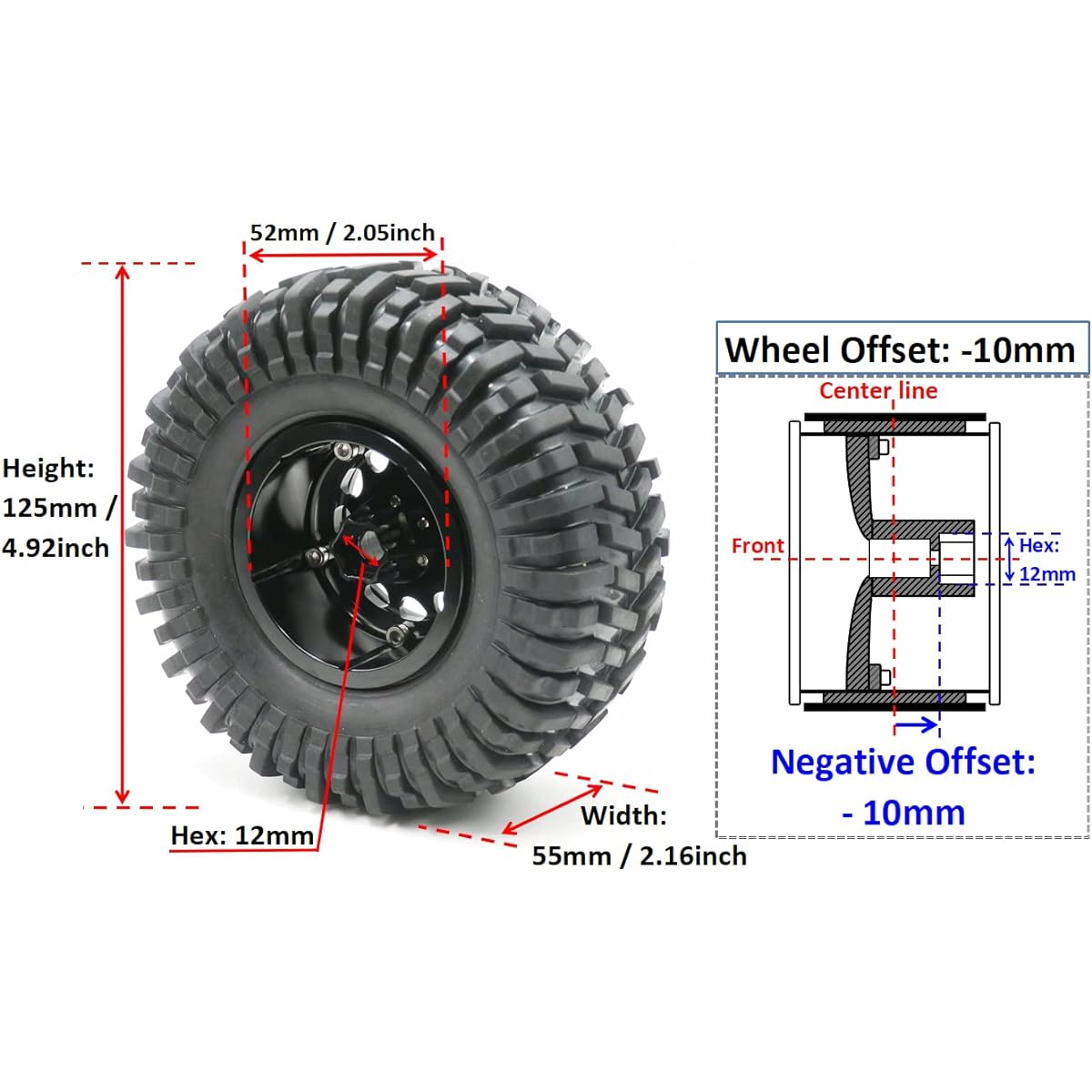 RC 2.2 Tires 125mm/4.92" Tall Tire & -10mm Negative Offset 2.2 Beadlock Wheel Rim Black Green for RC Mud Crawler Redcat Gen8 Everest Gen 7 Pro Axial Capra Wraith TRX4 (4 Pack, Pre-assembled)