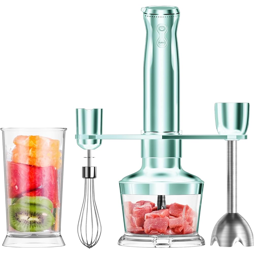 Hand Blender, 16 Speed Switching, 800 W, Powerful Hand Mixer, Splash Prevention, Ice Crushing, Baby Food Making, Slow Speed and High Speed, 4-Blade Blender Cutter, Cookware, Ice, Meat, Fruit,