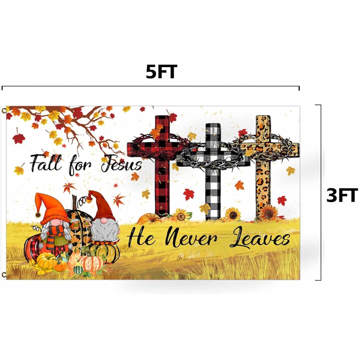 FLCHWY Fall for Jesus He Never Leaves Flag 3x5ft Summer Fall Harvest Gnome Pumpkin Maple Leaf Fall Flag Holiday Party Canvas Header Polyester Outdoor Decor with Brass Grommets