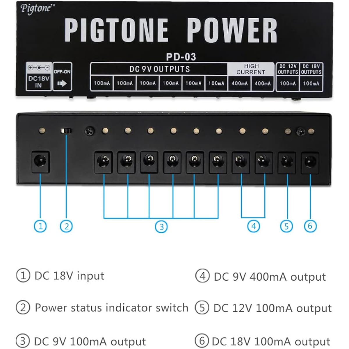 Pigtone PD-03 Guitar Effect Pedal 10 Independent DC Output Power 9V 12V 18V 100mA 400mA Ideal for Over Current Protection and Short Circuit