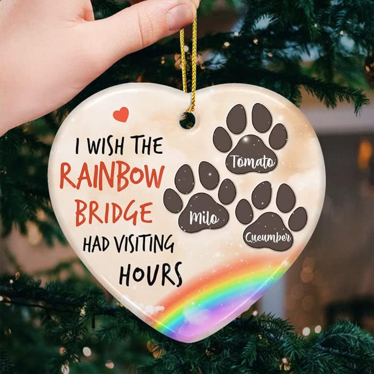 Pawfect House I Wish I Could Meet You at The Rainbow Bridge - Personalized Custom Heart Shaped Ceramic Christmas Ornament - Memorial Gift, Sympathy Gift for Pet Lover, Memorial Christmas Ornament