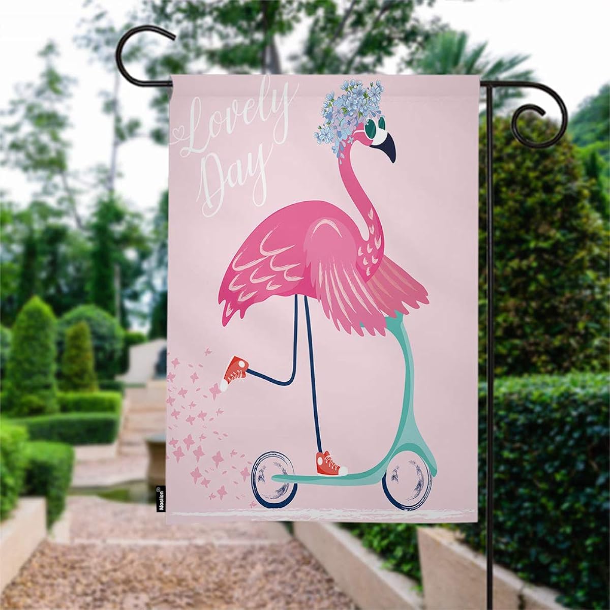 Moslion Flamingo Garden Flag Cute Bird with Sunglasses Flower Wreath Star Bike Have a Nice Day Flag Double Sided Banner Welcome Yard Flag Outdoor Home Decoration Lawn Villa 12x18inch Pink