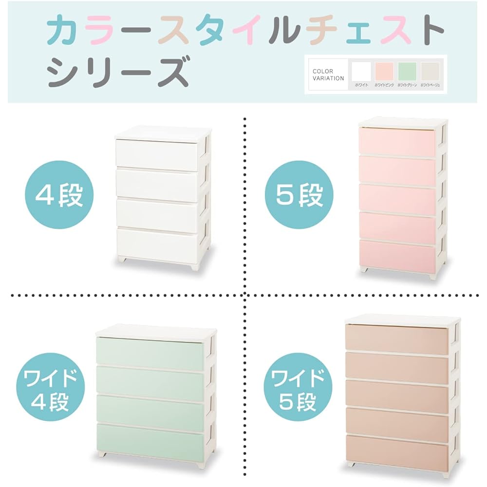 JEJ Astage Storage Case, 4 Tiers, Color Style Chest, Wide 4 Tiers, White Green, Made in Japan, Easy Assembly