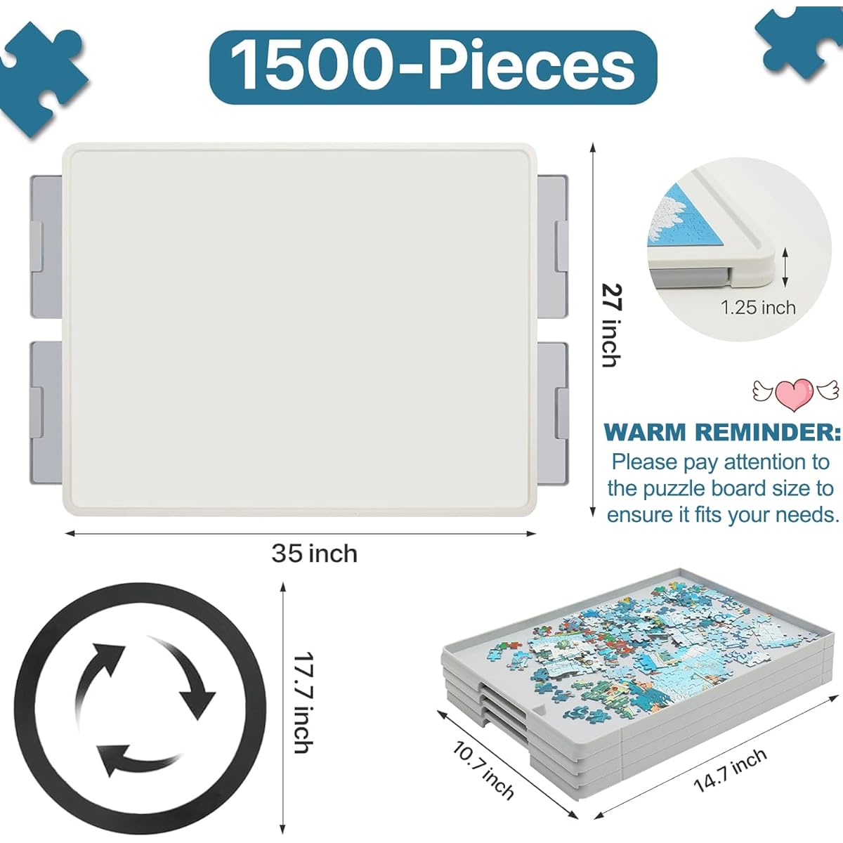 Playboda 1500 Piece Wooden Puzzle Board with Drawer and Cover, 35"x26" Portable Jigsaw Puzzle Table for Adults, Lazy Susan Spinning Puzzle Board (Patent Pending)