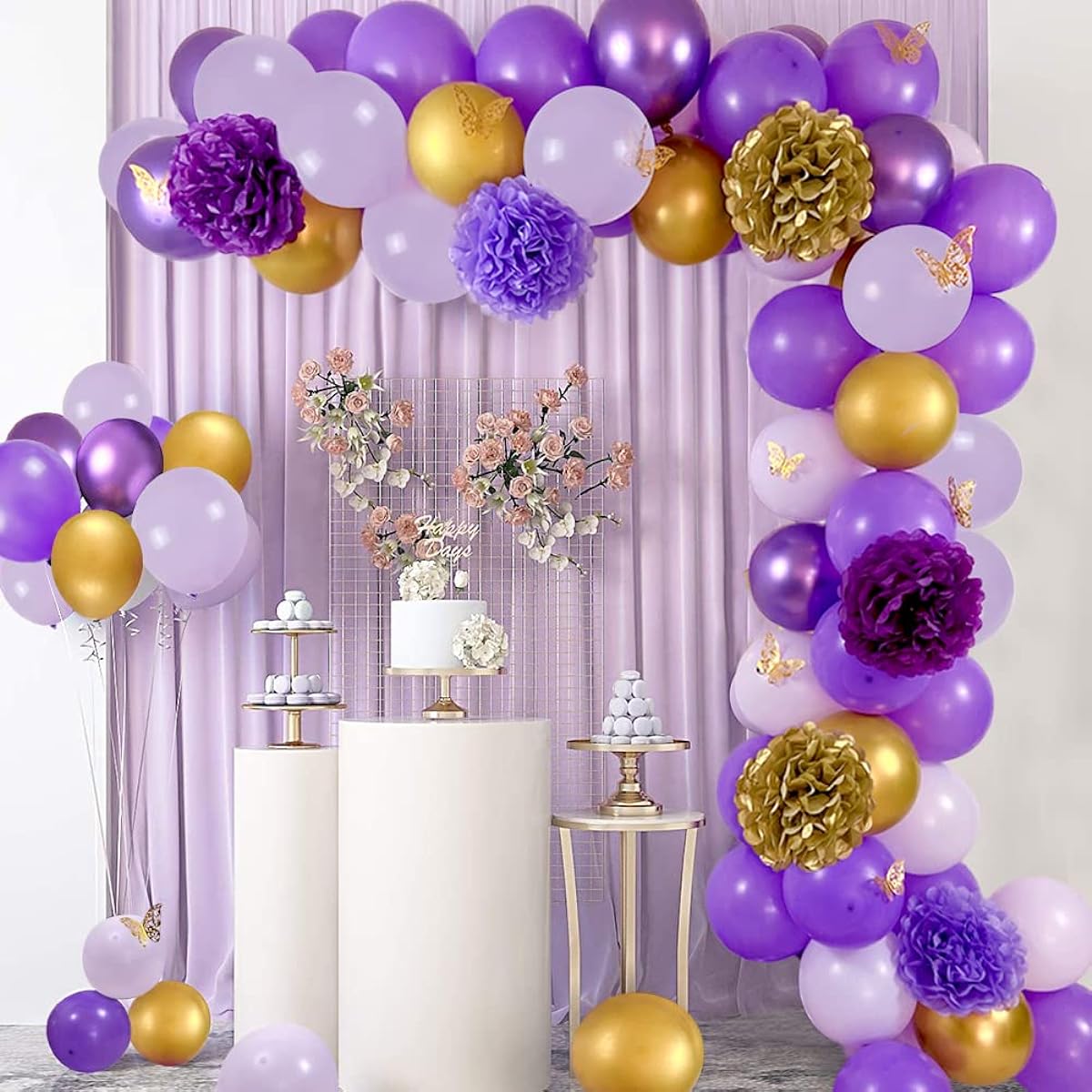 Butterfly Purple Balloons Garland Arch Kit for Baby Shower Birthday Party Purple Gold Birthday Decorations for Women Girls Happy Birthday Banner Butterfly Stickers Paper Pom Poms 93pcs