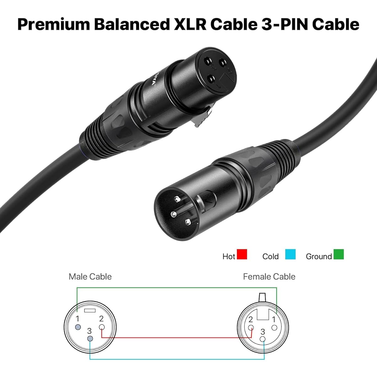 NUOSIYA XLR Cable 20ft 4 Pack Microphone Cable Premium Balanced Mic Speaker Cable with 3 Pin XLR Male to Female DMX Cable Black