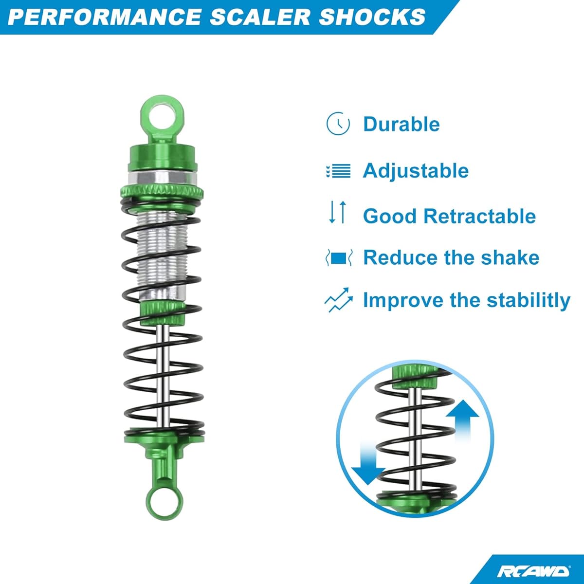 RCAWD Aluminum Shock Absorbers Pre-assembled (Front & Rear) Full Metal Damper Replacement for Traxxas 1/18 LaTrax Teton Desert Prerunner 7660 7665 (4 Pack) (Green)