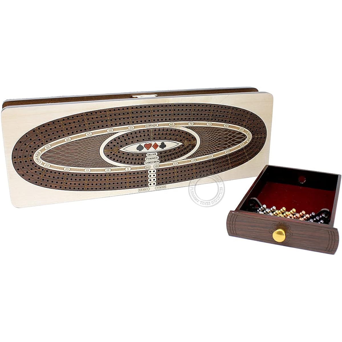 House of Cribbage - Continuous Cribbage Board Oval 4 Track - Drawers for Cards & Pegs with Skunk Corners and Score Marking Field - Maple Wood / Rosewood