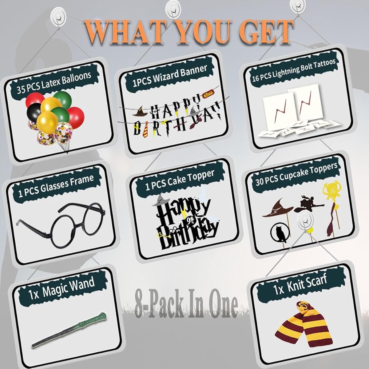 Happy Birthday Party Decoration Set Birthday Banner Striped Tie Glasses Frame Cake Cupcake Topper Magic Wand Lightning Scar Tattoo and Balloon Magic Theme Party Supplies Decorations