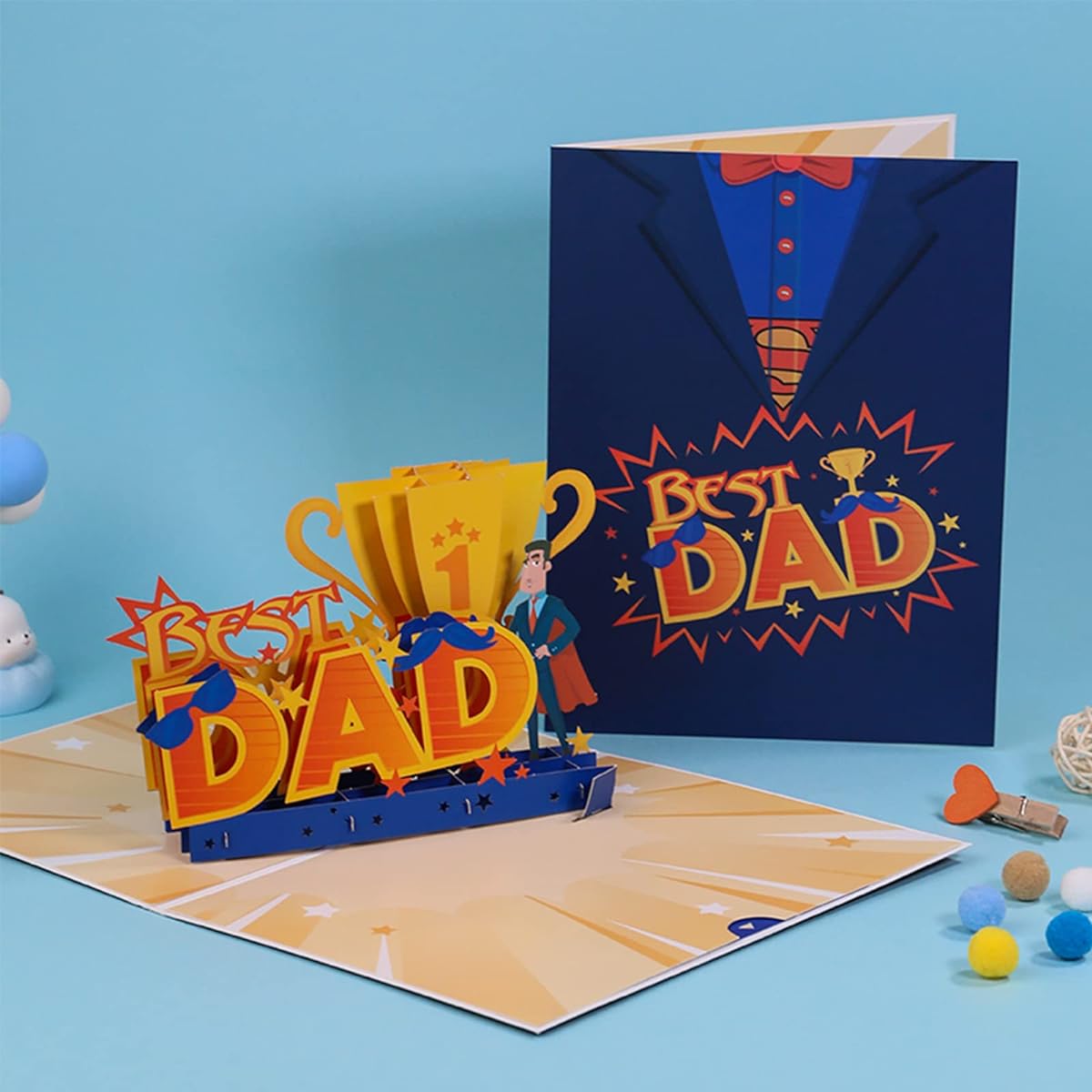 FAMYGFT Father's Day Pop Up Card Best Dad 3D Pop Up Father's Day Card Funny 1st Father's Day Gift Greeting Card Birthday Card for Son Daughter Wife Children Dad Husband Grandpa Daddy Men