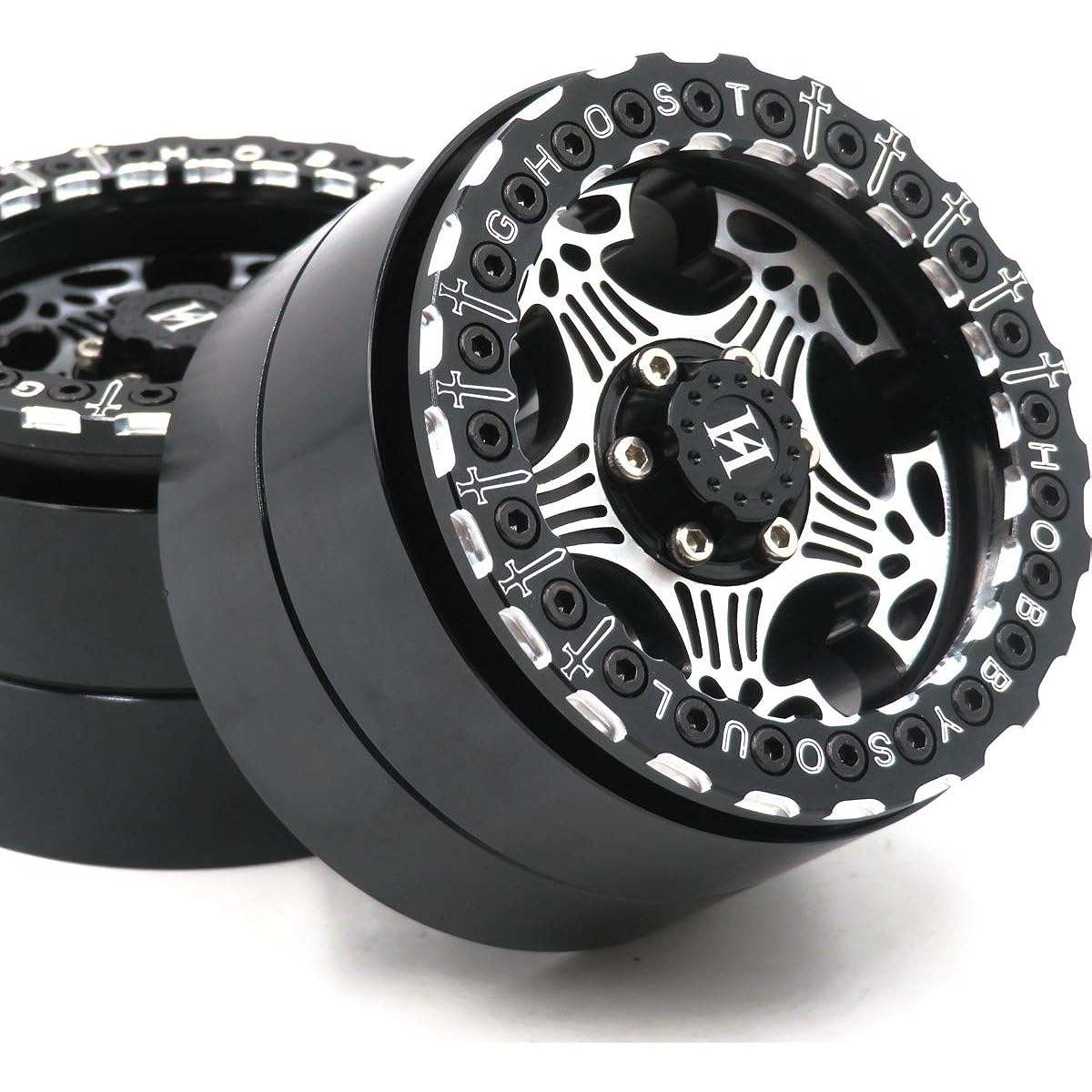 hobbysoul RC Aluminum Ghost 2.2 Beadlock Wheels Wide 40mm 2.2 Rim Black Silver Color for RC 1/10 Mud Crawler Truck Redcat Gen8 Everest Gen 7 Pro / SCX10 Capra Wraith / TRX4 AMG 6x6