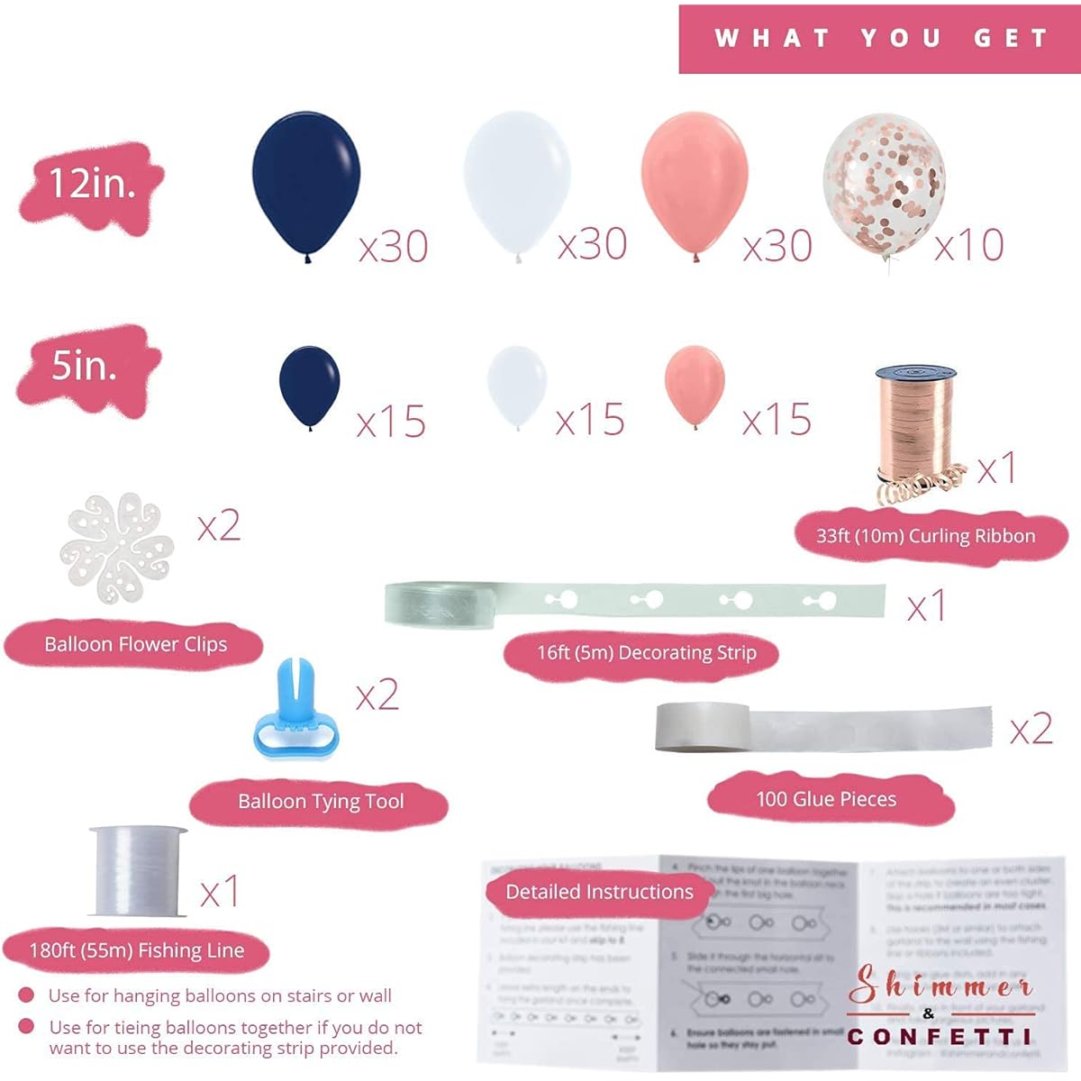 Saitec 16ft Premium White Navy Rose Gold Balloon Garland Arch Kit with 10pcs Confetti Tape Party Decorations for Christmas, Gender Reveal, Birthday, Graduation, Wedding, Baby Shower