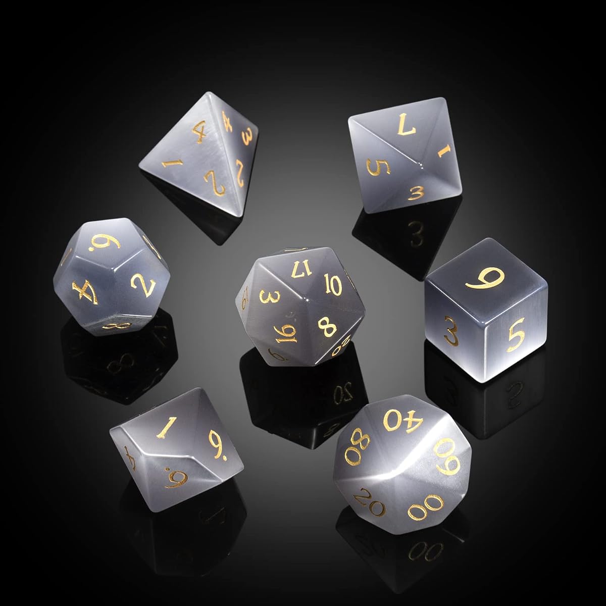 DNDND Cat's Eye Gemstone Dice - 7 Crystal DND Dice with Huge Gift Case for Dungeons & Dragons D&D Tabletop Game (Grey Cat's Eye)