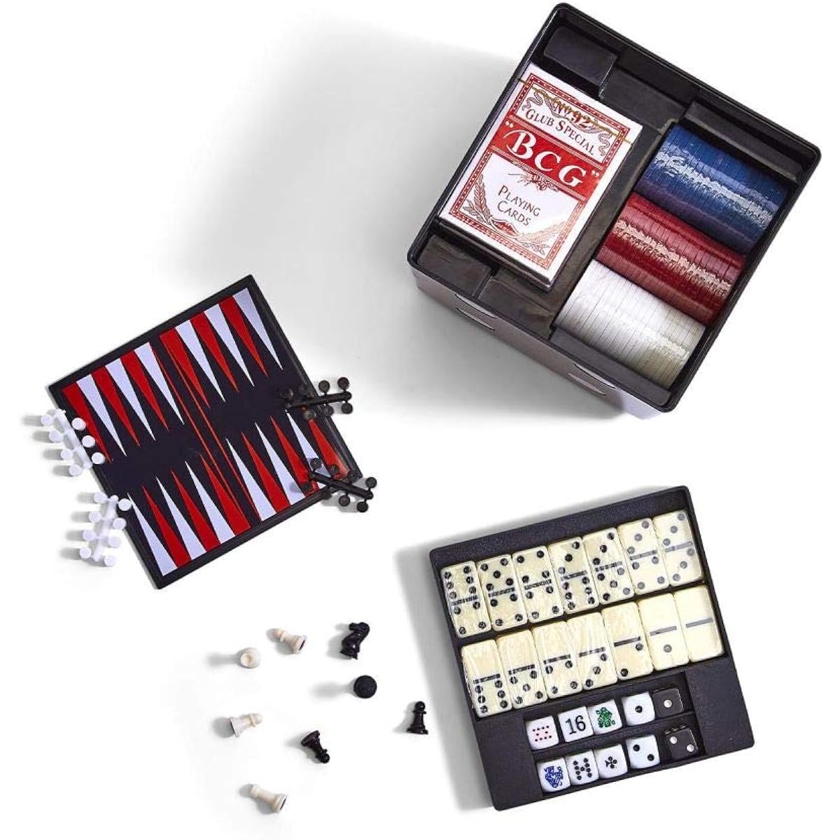 High Roller 6-in-1 GameCube Includes: 60 Poker Chips, 28 Dominoes, 32 Double-Sided Chess Boards, 30 Backgammon, 2 Decks of Poker Cards, Dice - Plastic/Paper/Metal