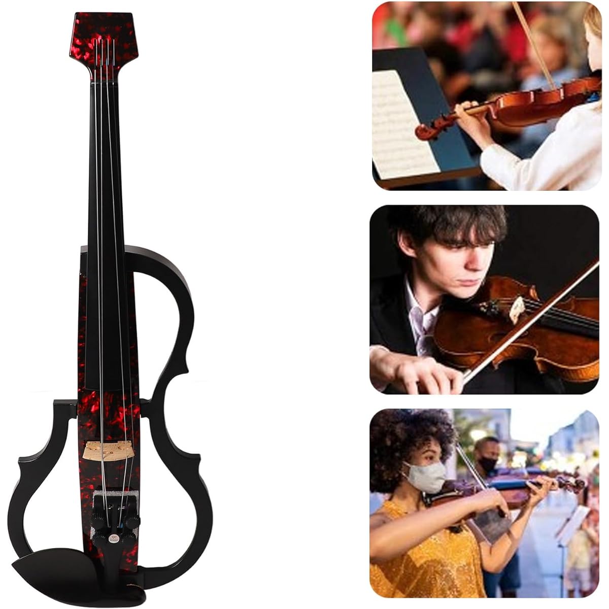 Silent Electric Violin, Carbon Fiber Body Electric Violin Multifunctional ABS Edge Saddle Slot Design for Practice (Rose Petals)