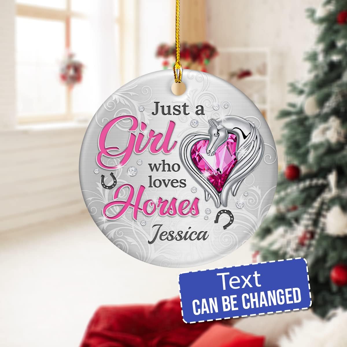 wowcugi Personalized Horse Ornament Girl Who Loves Horses Ornament Jewelry Drawing Style Christmas Ceramic Ornament Christmas Tree Keepsake Gifts for Women Girls Lady Horse Lover Horse Riding