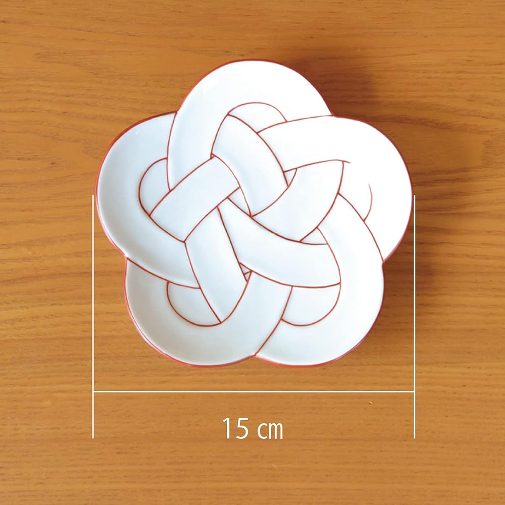 New Year Tableware, Japanese Tableware, Plate, 15cm, Lucky Charm, Arita Ware, Plum Musubi, Red, Vermillion Line, Medium Plate, Set of 5, Presentation Box