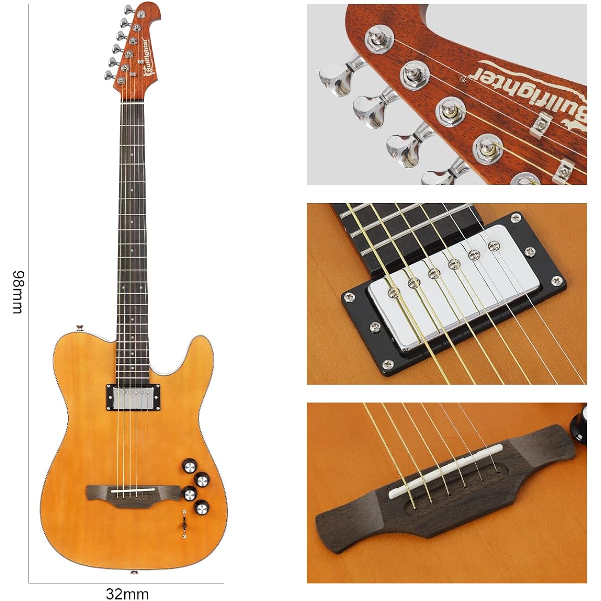 Bullfighter Silent Guitar Acoustic Guitar Travel Guitar Quiet Beginner Practice Steel String Folk Guitar Dual Pickup K10 (wood)