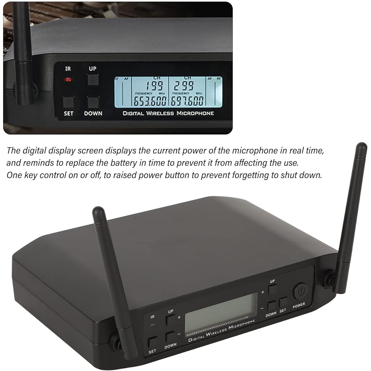 UHF Microphone Set, 200 Signal Passes Professional UHF Microphone Anytime Battery Display 50 Frequency Points Button Operation for Conference DJ (US Plug)