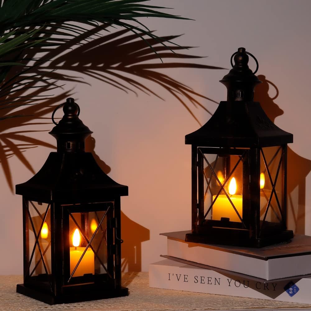 TRIROCKS Set of 2 Candle Holders Height 27cm Metal Candle Lantern Antique Lantern with Heat Resistant Glass Retro Style Stylish Indirect Lighting Gift for Weddings, Birthdays, Moving, Christmas, etc. Interior Design for Rooms, Bars, Offices, Indoors, Out