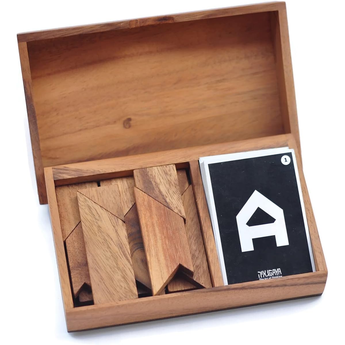 Siam Collection Double T Tangram with Cards Wooden Puzzle Box with Cards for Adults Wooden Puzzle Box Handcrafted