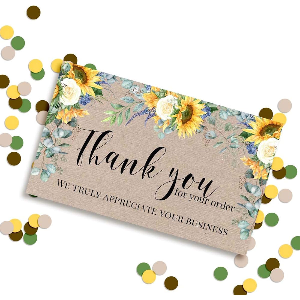 AmandaCreation Yellow Floral Sunflower Thank You Cards for Small Business, Pack of 100, 2" x 3.5", Single Sided Insert Cards