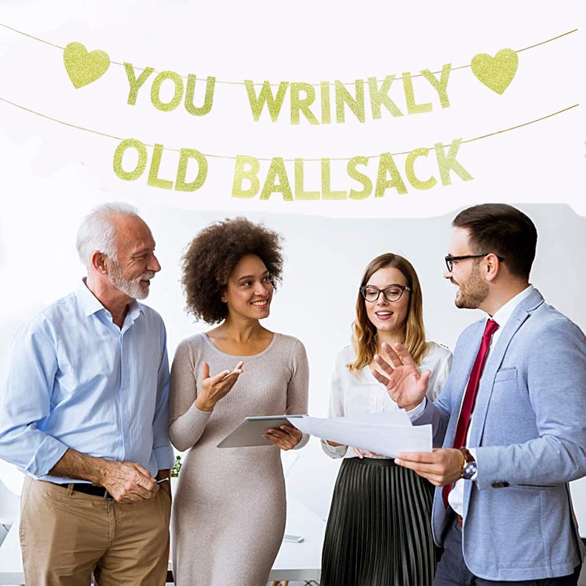TENNYCHAOR You Wrinkly Old Ball Sack Banner Funny Gold Glitter Paper Sign for 50th 60th 70th 80th Birthday Party Retirement Party Decorations