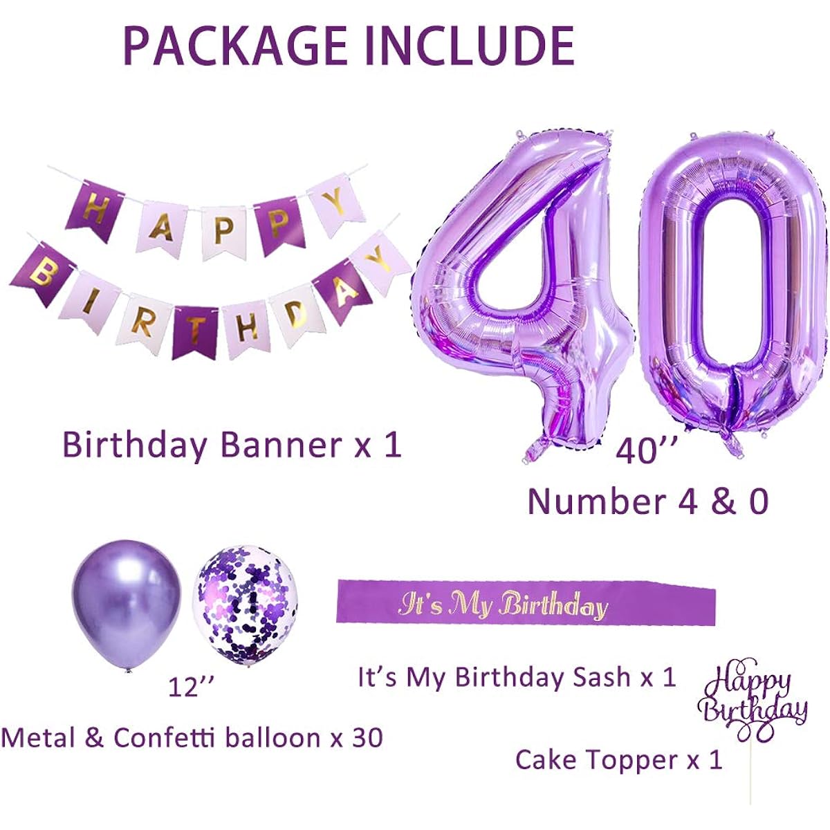 40th Birthday Decorations for Women, 40th Birthday Balloons Purple, 40th Birthday Decorations Purple Balloons, It's My Birthday Sash, Cake Topper, Birthday Banner for 40th Birthday Decorations