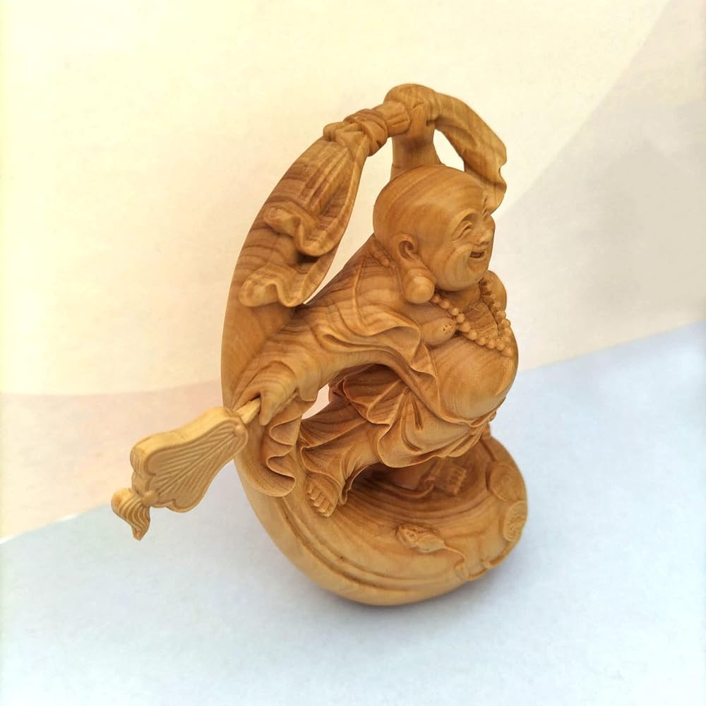 Wood carving, Hotei-sama, high quality natural boxwood wood carving, fortune, fortune, money, Buddha statue, ornament, auspicious, handmade craft (height 10cm x width 6cm x depth 3.5cm)