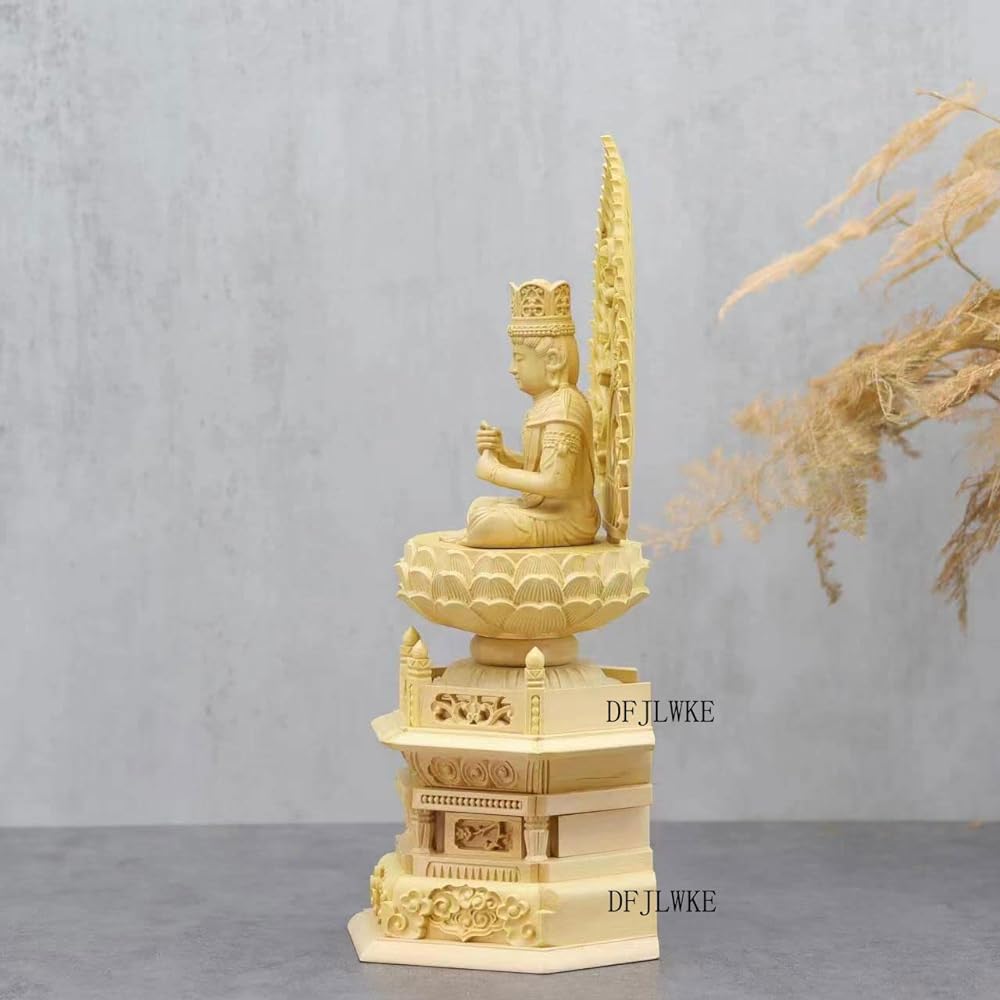 Wood carved Buddha statue Dainichi Nyorai (Shingon Buddhism) made by Tsuge, hexagonal pedestal, flame halo (height 21.5 cm x width 10 cm) ◆Principal Buddha statue for Buddhist altar, wood carving