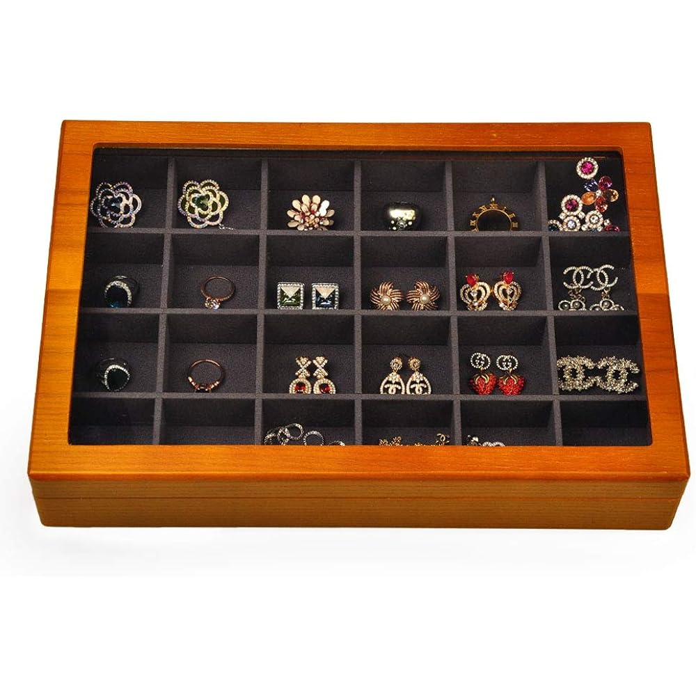 Oirlv Jewelry Tray with Lid Wooden 24 Compartment Accessory Case Large Capacity Display Storage Jewelry Box X02406 (Dark Gray)