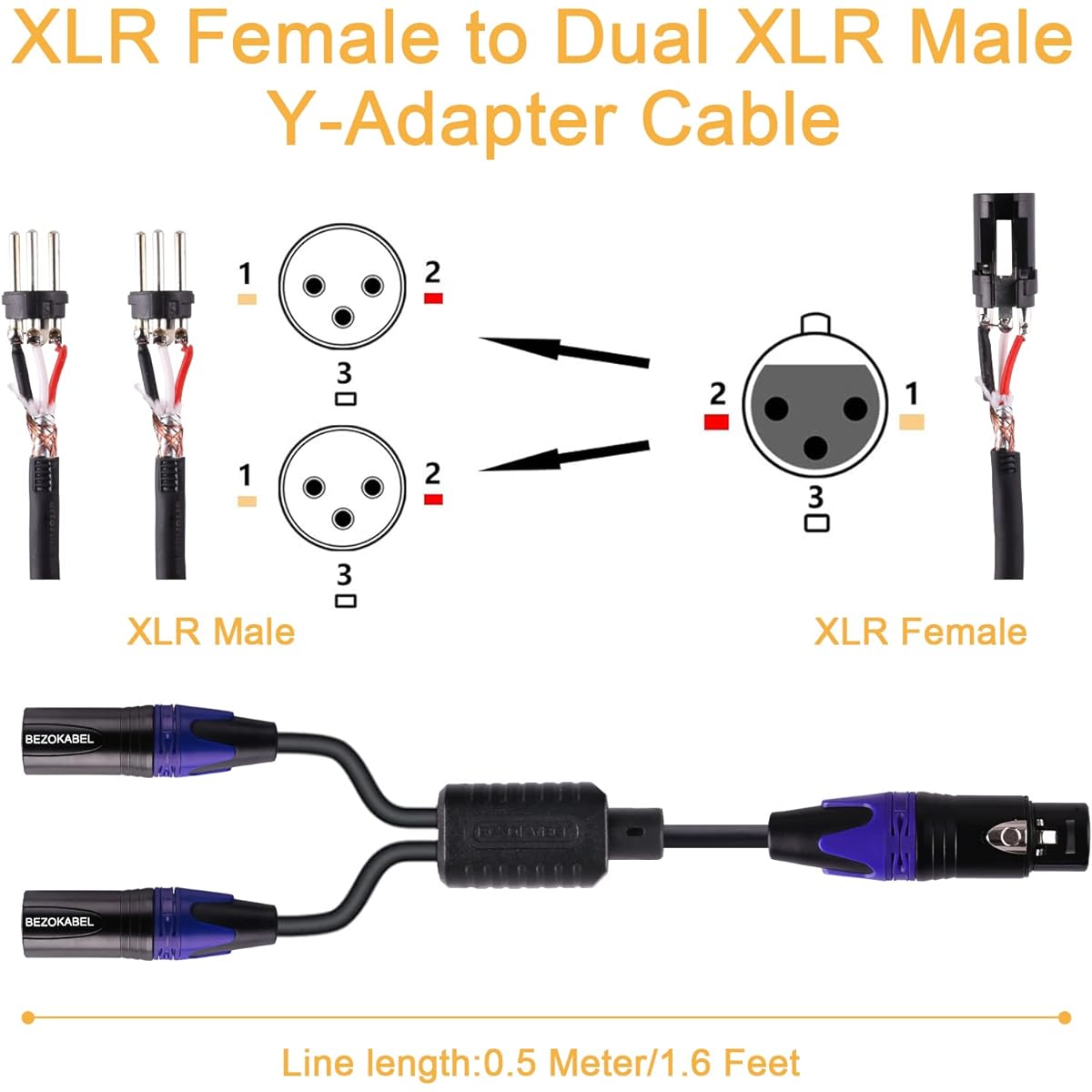 BEZOKABEL XLR Splitter XLR Female to Dual XLR Male 3.3ft Balanced Mic Splitter Male to 2 Female XLR Y Splitter Cable 3 Pin 3.3ft