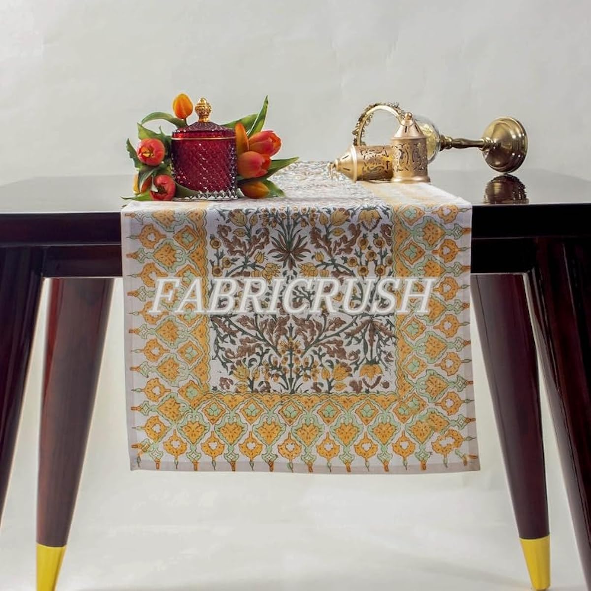 Ridhi Goldenrod Yellow Hand Block Print Cotton Table Runner Garden Farmhouse Buffet Tabletop Cover for Home Kitchen Dining Decor Party Family Dinner Wedding Thanksgiving Christmas (16x90 inches)