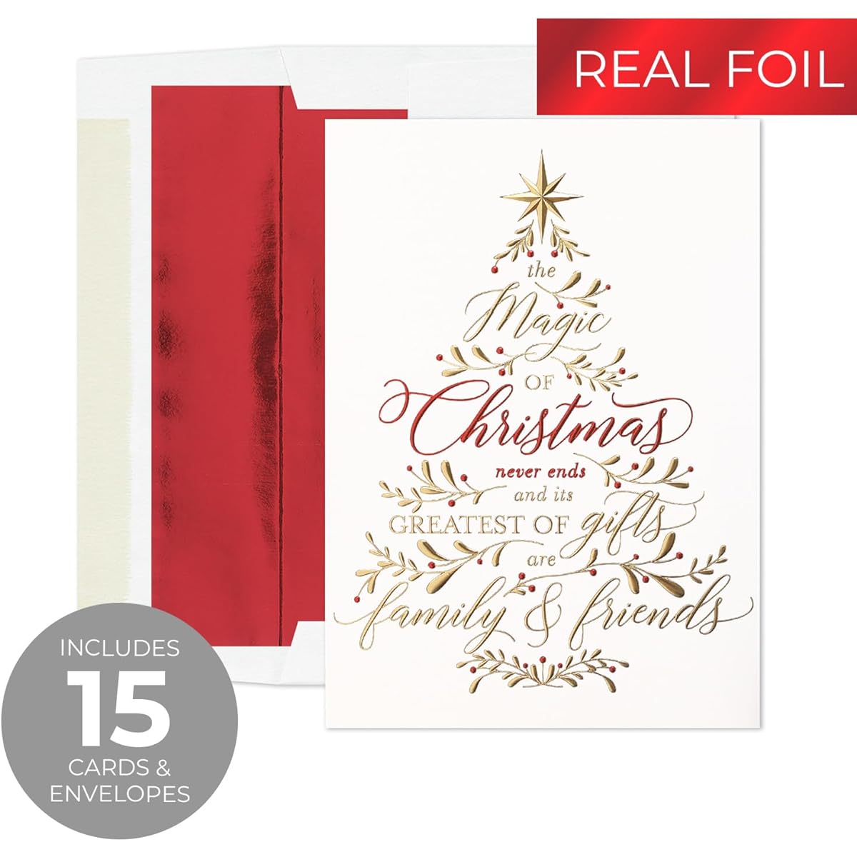 Masterpiece Believe In The Magic Of Christmas Cards / 15 Boxed Holiday Card Set with Shiny Foil Accents and Red Foil Lined Envelopes / 5 5/8" x 7 7/8" Folded Winter Christmas Tree Family Anf Friends Greeting Cards