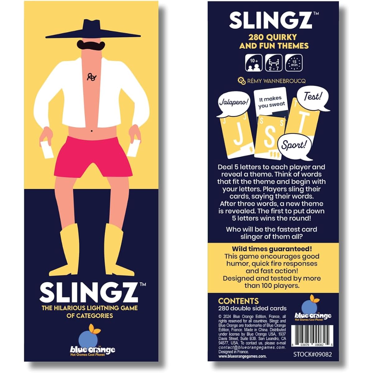 Blue Orange Slingz Games, a fast and hilarious word card party game for ages 10 and up, 2-7 players
