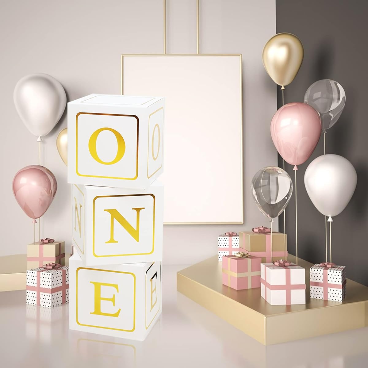 First Birthday Balloons 1 Box - 1st Birthday Decorations Cubes Block the Letter "One" as Cake Smash Photo Props First Birthday Decorations Backdrop, Party Decorations Reveal.