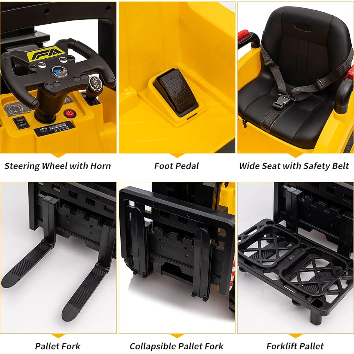 Ride on Forklift Car 12V Electric Ride On Car with Remote Control, Liftable Forks and Pallets, High/Low Variable Speed, Built-in Music, USB and Low Power Alarm for Boys and Girls, Yellow