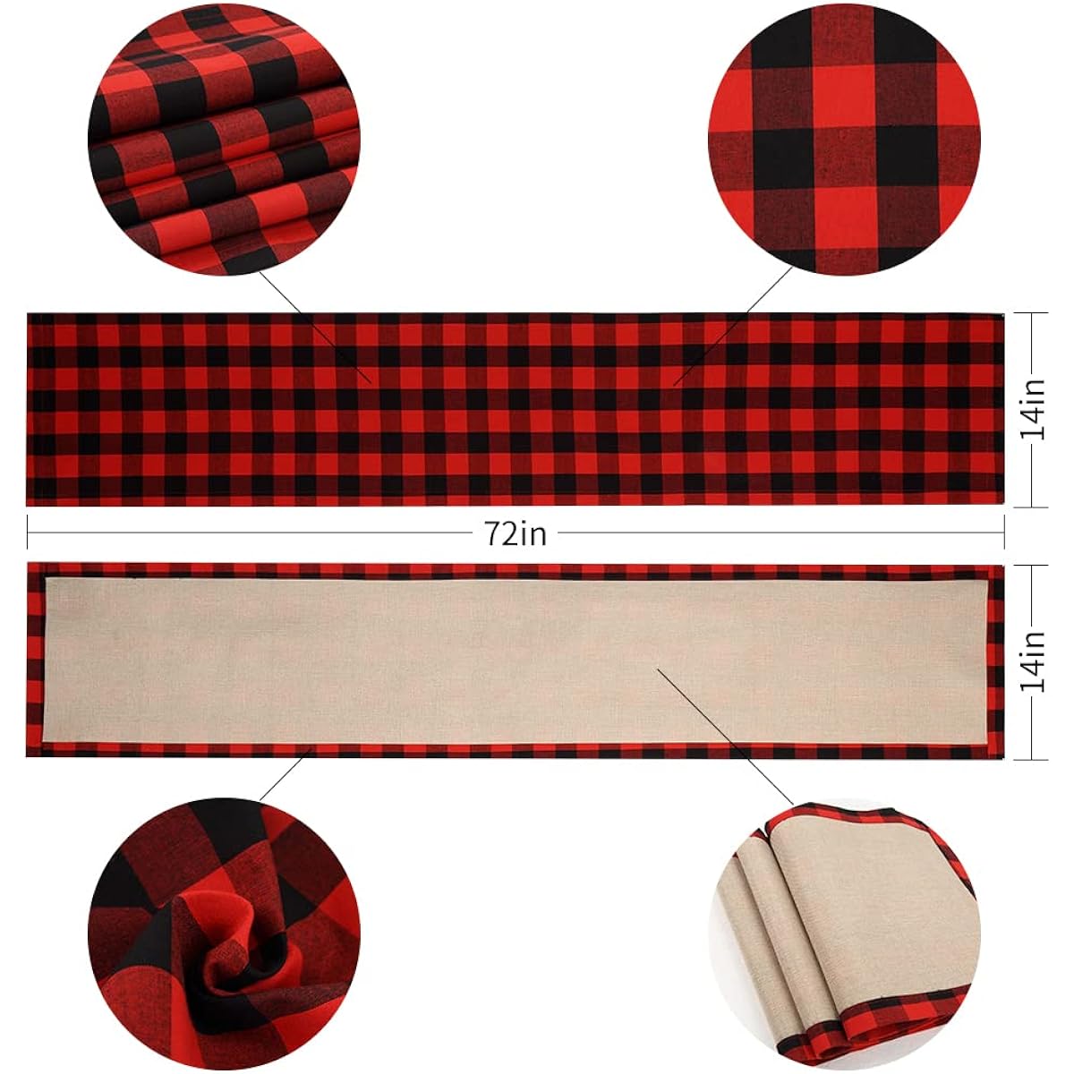 Cotton & Burlap Buffalo Check Table Runner Christmas Reversible Buffalo Check Table Runner for Christmas Holidays Birthday Parties Family Dinners Gatherings Everyday Use (Red and Black) 14x72 Inch