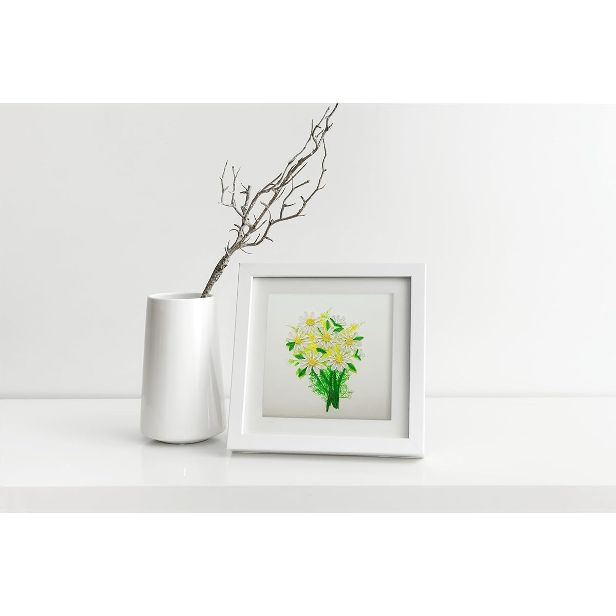 White Daisy Bouquet, Quilted Card 3D - Unique Exclusive Handmade Design Greeting Card for Birthday, Valentine's Day, Mother's Day, Spring, Father's Day, Graduation, Wedding, Anniversary, Thank You, Any Occasion | 6" x 6"