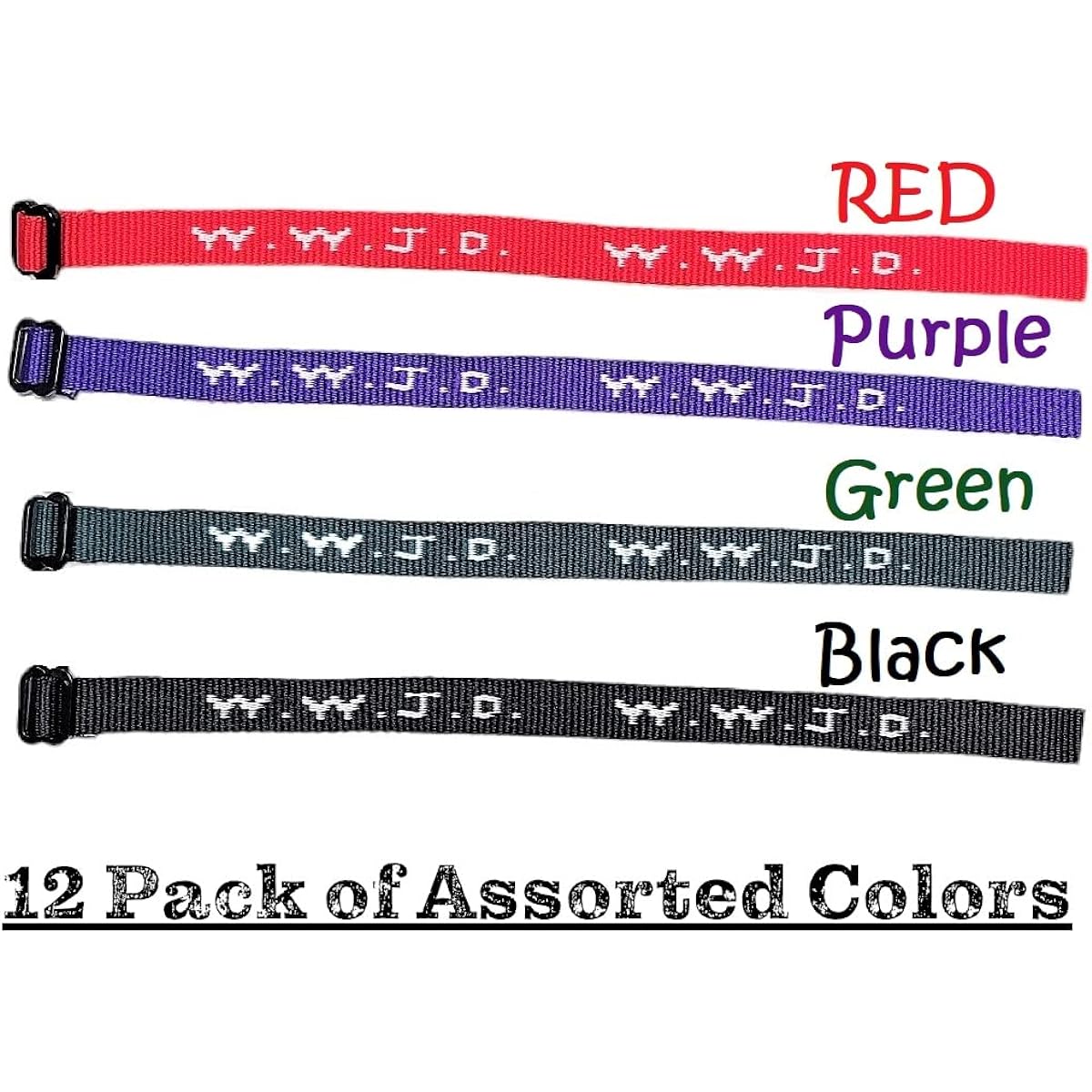 Colorful W.W.J.D. Webbing Bracelets (12 Pack) ("What would Jesus do?") Colors: Black, Army Green, Purple, Bright Red Religious Christian Wristbands.