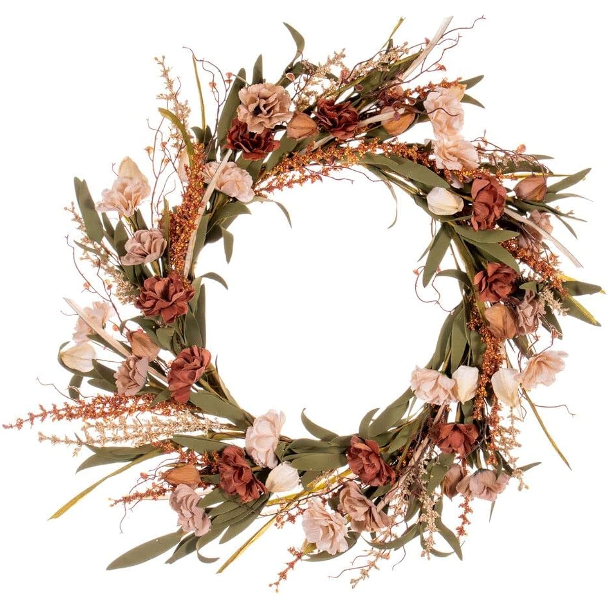 Vickerman 20 inch Brown and Cream Artificial Carnation and Chinese Lantern Wreath.
