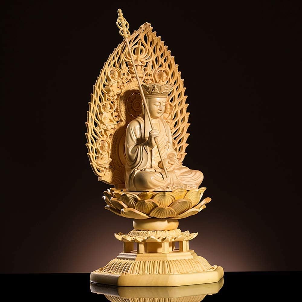Wooden Carved Buddha Statue Ornament Jizo Bodhisattva Tsuge Tree Buddhist Altar Buddha Statue Pray Warm Off (Height 17cm x Width 8.5cm x Depth 8.5cm)